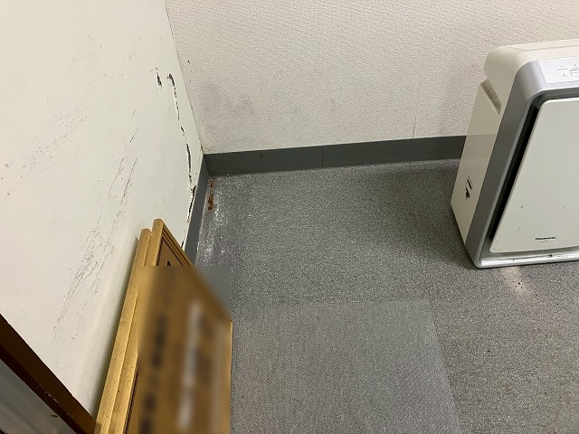 雨漏りでシミができた壁と床